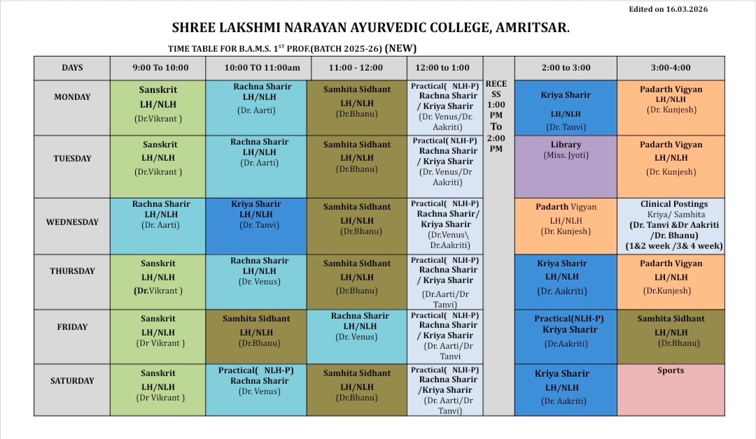 First Professional Year Time Table
